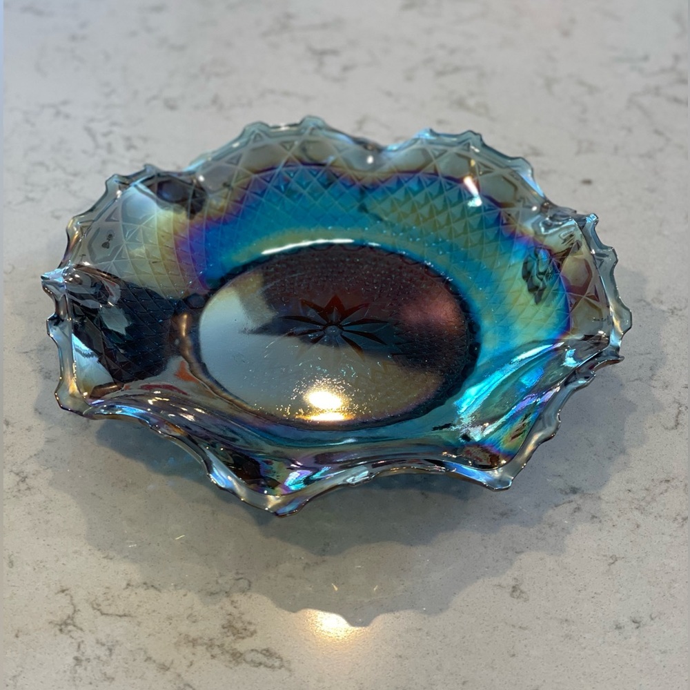 Vintage Iridescent Blue Carnival Glass Ruffled Edge Starburst Diamond Dish